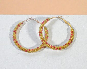 Champagne Gold & Red Seed Bead Large Hoop Earrings - Bridesmaid Gift, Elegant Large Gold Hoops with Red Seed Beads - Perfect Bridesmaid Gift