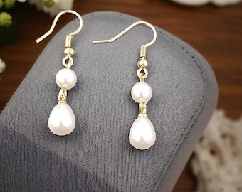 Gold Bridal Earrings with Imitation Pearl Dangles