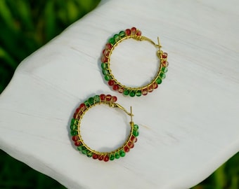 Beaded Hoop Earrings: Red and Green Crackle Glass, Wire Wrapped