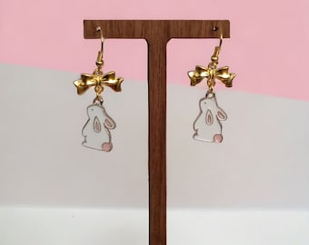 Bunny Rabbit Dangle Earrings – White, Pink & Gold Bow
