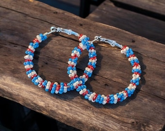 Patriotic Seed Bead Hoop Earrings: Red, White & Blue Handmade Jewelry