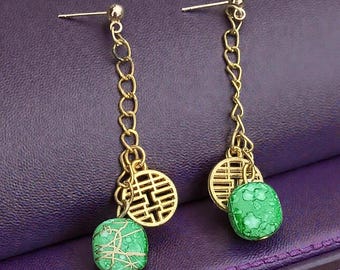 Gold Charm Green Beaded Drop Earrings, Dangling Elegant Jewelry