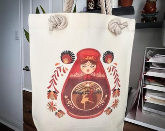 Matryoshka Tote Bag | Russian Nesting Doll Canvas, Folk Art Kawaii Tote