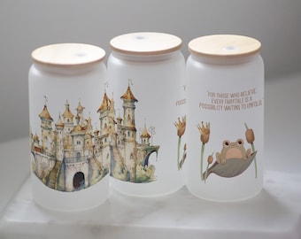 Frog Prince Glass Tumbler, Fairytale Castle Iced Coffee Cup, Cottagecore Frog Gift