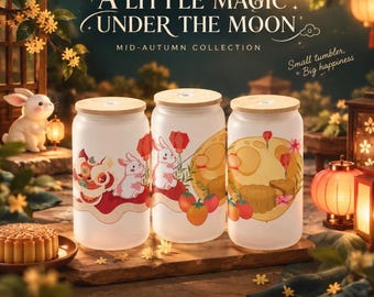 Moon Rabbit Mid Autumn Festival Glass Can Tumbler, Lion Dance Lantern Iced Coffee Cup with Bamboo Lid and Straw, Tet Trung Thu Gift