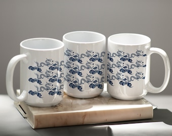Damask Dragon Ceramic Mug, Chinoiserie Blue White Coffee Cup, Lunar New Year Gift