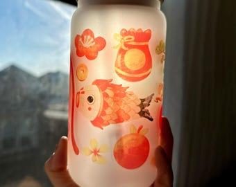 Lunar New Year Frosted Glass Tumbler, Bamboo Lid, Iced Coffee Cup, Festive Asian Artwork