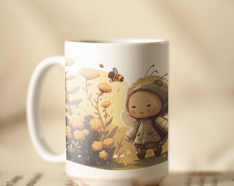 Bee Fairy Ceramic Mug, Cottagecore Honeybee Coffee Cup, Whimsical Forest Artwork