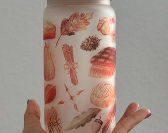 Autumn Watercolor Glass Tumbler, 16oz Fall Iced Coffee Cup, Bamboo Lid (Frosted)