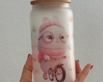 Bunny Bicycle Frosted Glass Tumbler, 16oz Iced Coffee Cup, Kawaii Art (Bamboo Lid Included)