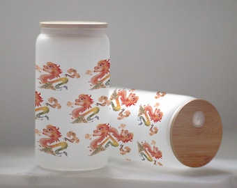 Chinese Dragon Pattern Glass Tumbler with Bamboo Lid, Frosted Iced Coffee Cup