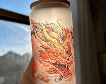 Lunar New Year Dragon Glass Tumbler, Frosted Iced Coffee Cup (16oz)