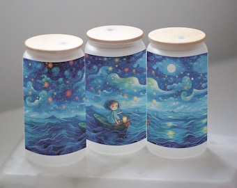 Matryoshka Starry Night Glass Tumbler, Iced Coffee Cup with Bamboo Lid