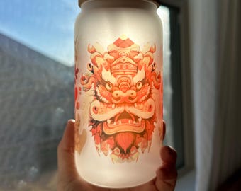 Frosted Glass Kylin Tumbler with Bamboo Lid, Lunar New Year Iced Coffee Cup