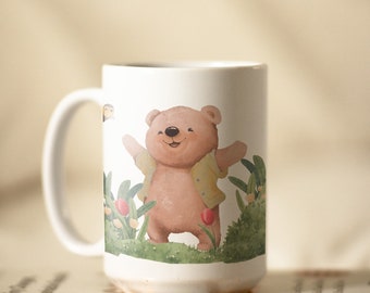 Baby Bear Meadow Ceramic Mug, Cottagecore Wildflower Art, Whimsical Woodland Animal Lover Gift