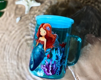 Mermaid Glass Mug with Lid, Straw, 17oz Ocean Iced Coffee Cup