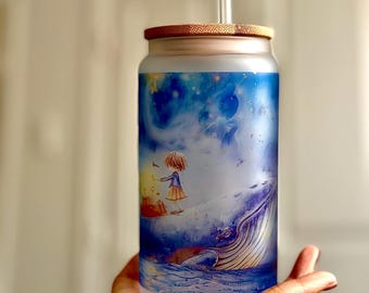 Watercolor Whale Glass Tumbler, Ocean Iced Coffee Cup, Bamboo Lid & Straw