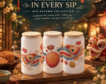 Lion Dance Frosted Glass Can Tumbler, Mid Autumn Festival Iced Coffee Cup with Bamboo Lid and Straw, Moon Festival Gift, Tet Trung Thu