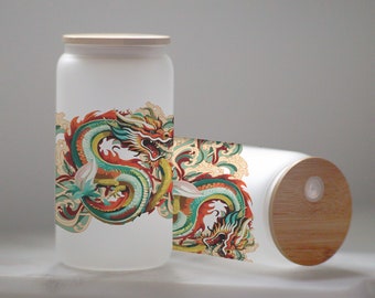 Cloud Dragon Glass Tumbler, Lunar New Year Iced Coffee Cup, Frosted Bamboo Lid (16oz)