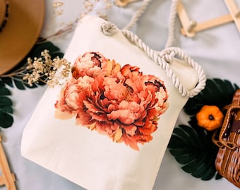 Peony Pink Floral Canvas Tote Bag | Botanical Print Eco Bag