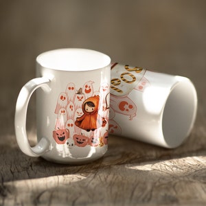 Halloween Becher 15 Unzen Keramikbecher, Boo Becher, süße Geisterbecher, rosa Halloweenbecher, gruseliger Becher, gruselige Kaffeebecher, weiße Becher Geschenk, Becher Geschenkbox