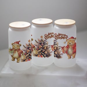 Christmas Iced Coffee Glass: Holiday Tree & Bear Tumbler with Bamboo Lid