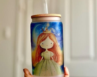 Celestial Princess Glass Tumbler, Starry Night Iced Coffee Cup, Bamboo Lid (16oz)