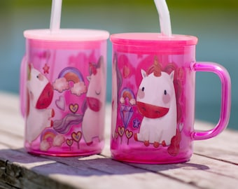 Pink Unicorn Glass Mug with Lid and Straw, 17oz Iced Coffee Cup