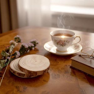Pode incluir: Duas bases de madeira com design de anéis de árvore natural estão sobre uma mesa de madeira polida. Uma chávena e pires com padrões florais e bordas douradas, cheios de chá, estão ao lado de um livro e óculos. Flores secas adicionam cor.