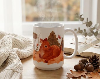 Watercolor Deer Fawn Mug, Woodland Cottagecore Coffee Cup, Forest Animal Nature Lover Gift