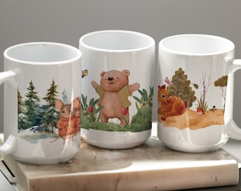 Woodland Animal Ceramic Mugs, Watercolor Forest Scene, Set of 3 Cottagecore Coffee Cups