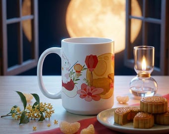 Moon Rabbit Mid Autumn Festival Mug, Lion Dance Mooncake Lantern Ceramic Coffee Cup, Tet Trung Thu Gift, Moon Festival Gift for Her