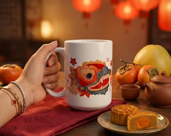 Lion Dance Coffee Mug, Mid Autumn Festival Ceramic Mug, Moon Festival Gift, Tet Trung Thu Gift for Her, Asian Aesthetic Coffee Cup