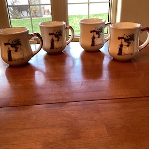 Pfaltzgraff Winterberry Collection Set of Four Holiday Coffee, Cocoa or Tea Cups.  Red, White and Green Snow Bear Design.  Vintage! Rare!