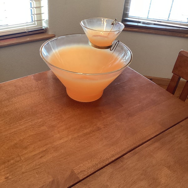 Bowl Blendo Vintage Chip and Dip Set with Brass Bracket to Hold Dip.  Very Elegant Orange Color Design.  Conversation Piece For Sure!