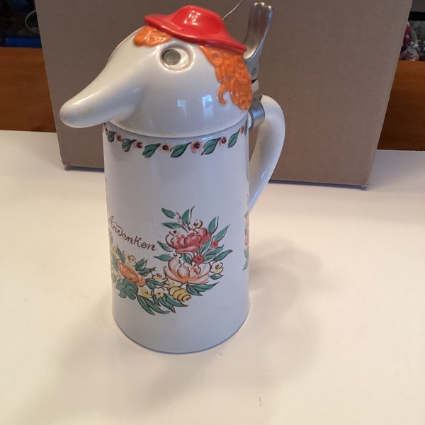 Beer Stein Ceramarte Webco Countess AndenKen with Orange Hair and a Red Hat. Made in Brazil. 7” Tall Ceramic Stein with Colorful Flowers.