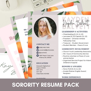 Sorority Resume Template Rush Resume Template Sorority Recruitment Resume Template Photo Resume Social Resume Template CV Resume Packet