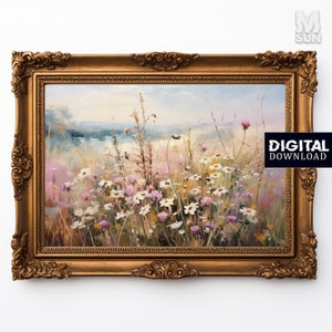 Wildflower Wall Art Print, Vintage Oil Painting Print, Country Field Landscape Oil Painting Printable, Digital Download 300 dpi, PNG