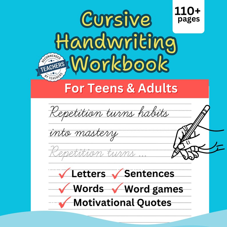 Cursive Handwriting Practice Worksheets for Teens and Adults. Tracing