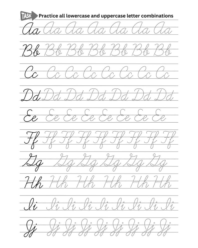 Cursive Handwriting Practice Worksheets for Teens and Adults. Tracing