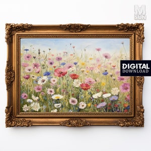 Printable Wildflower Field Landscape Oil Painting, Vintage Farm House, Country Field Landscape Oil Painting Printable, Art Digital Download