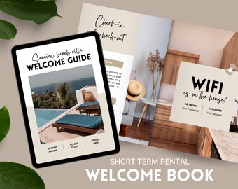 Op de afbeelding: Een digitale welkomstgids voor een kortlopende huurwoning genaamd Seaview Beach Villa. De gids bevat secties voor het vinden van je weg, eetgelegenheden en nuttige informatie. De afbeelding toont ook een houten tafel met een strohoed en een bord met de tekst "WIFI is on the house!" met secties voor netwerk en wachtwoord.