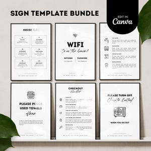 Puede incluir: Un paquete de plantillas de letreros que incluye seis carteles rectangulares blancos con texto e iconos en negro. Los letreros incluyen reglas de la casa, información de WiFi, instrucciones de cocina, toallas, lista de salida y control climático.