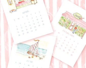 May include: Three calendar pages featuring watercolor illustrations for April, February, and June. April shows a room interior, February depicts a florist shop with a pink awning, and June displays a sailboat on a beach. Each page includes a monthly grid.