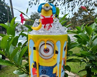 Little Banana Loving Pals 20oz Skinny Tumbler with Yellow Glitter Drip and Decorative Topper - Characters Vary * Extra Top Included