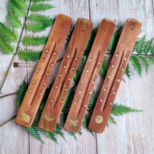 Wood Incense Holder, Brass Inlay, Fragrant Small, Home Decor, Aromatherapy Tools, Gift, Moon, Sun, Elephant, Butterfly 10.25&quot; in Length,