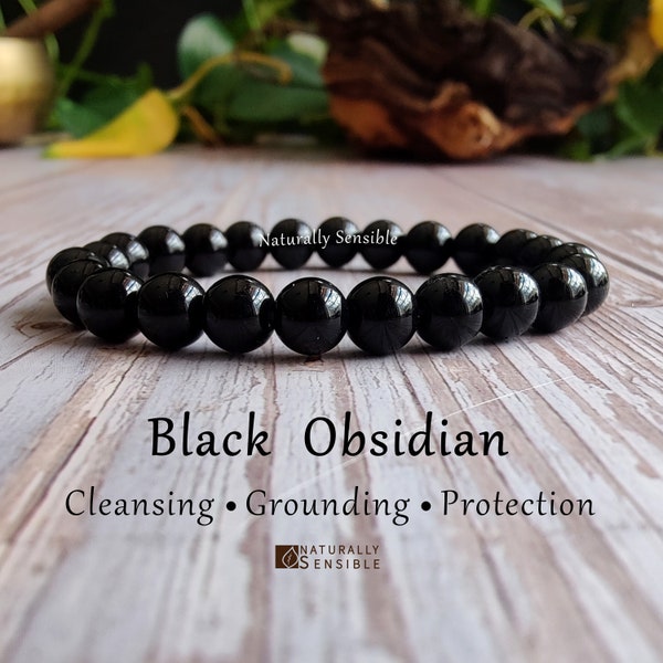 Black Obsidian Elastic Bracelet Jewelry, 8mm Round Beads, Psychic Protection, Aura Cleanser, Metaphysical Accessory, Cleansing, Grounding