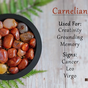May include: A black circular bowl filled with polished carnelian stones in shades of orange, red, and brown. Text reads: Carnelian, Used For: Creativity, Grounding, Memory, Signs: Cancer, Leo, Virgo. A small logo in the corner reads Naturally Sensible.