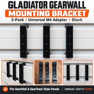 Puede incluir: Un paquete de 3 soportes de montaje negros Gladiator GearWall, adaptadores M4 universales. Los soportes son rectangulares con tres orificios circulares y están diseñados para fijarse a paneles de pared horizontales blancos para organizar.