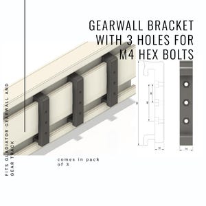 Puede incluir: Imagen de un soporte Gearwall con 3 agujeros para tornillos hexagonales M4, diseñado para Gladiator Gearwall y Gear Track. El soporte es negro. La imagen incluye un diagrama con medidas en milímetros.